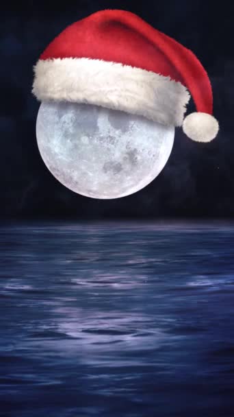 Geceyarısı Dikey Santa Cap Dolunay Var Suyun Üzerinde Noel Baba — Stok video