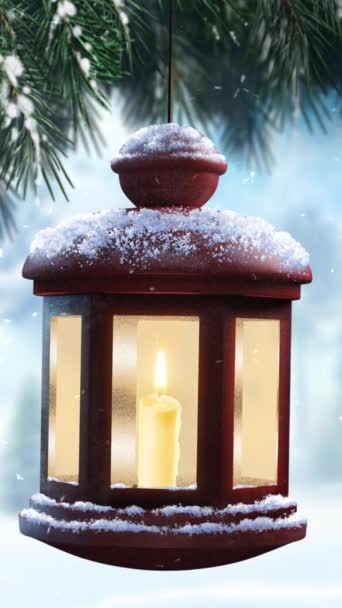 Vertical Winter Lantern Snow Loop Features Old Fashioned Lantern Flickering — Stock Video