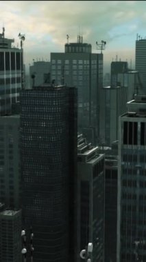 Dikey Çatıda Uçan Şehir 4K Döngüsü yeşil renkli bir şehrin üzerinde uçan bir hava görüntüsü ve dikey oran döngüsünde bulutlu bir gökyüzü içerir..