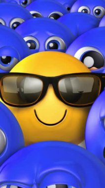 Bir kalabalık içinde dikey Ayakta Duruş Mutlu Emoji 4K döngüsünde tek bir sarı emoji güneş gözlüğü takıyor ve mavi emojilerden oluşan bir kalabalıkta gülümsüyor. İfadeler kızgınlıktan üzüntüye dikey oran döngüsünde değişiyor..