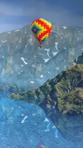 Vertical Ballooning Mountain Lake Features Hot Air Balloon Floating Mountain — Vídeo de stock