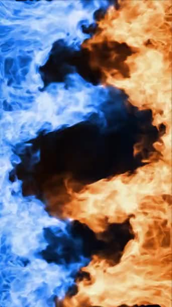 垂直消防蓝色和橙色火焰4K环的特点是橙色火焰从右边闪烁 蓝色火焰从左边旋转成垂直比例循环 — 图库视频影像