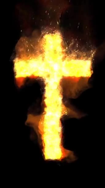 Svislý Hořící Kříž Černé Smyčce Vybaven Ohnivým Tvarem Křesťanského Kříže — Stock video