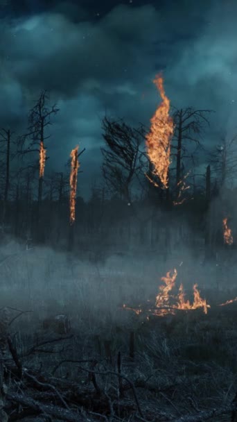 Vertical Burning Trees Storm Clouded Sky Features Burnt Area Pine — Stock Video