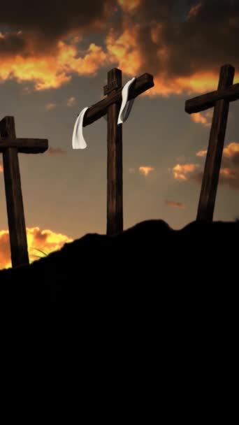 Vertical Three Crosses Golden Morning Features Three Empty Crosses Hill — Video