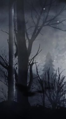 Dikey Kara Orman Silüeti Dolunay ve Yarasa 4K Döngü 'de dolunay, sis, duman ve yarasaların dikey oran döngüsünde uçtuğu eski bir karanlık ormanın silüeti yer alıyor..