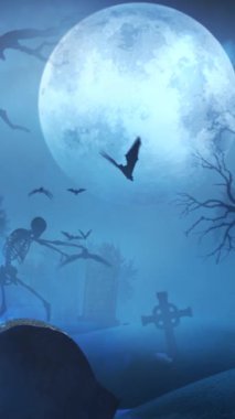 Dolunaylı Gece Yarısı İskeleti 4K 'de eski bir mezarlık, dolunay, yarasalar uçuşan yarasalar, yürüyen bir iskelet ve gökyüzünde dikey bir oranda uçan bir cadı var..