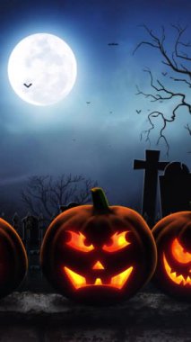 Mezarlık Duvarı 'ndaki dikey Jack O Fenerinin içinde mezarlık ve dolunay olan bir duvarda bir Jack-O-Lantern dikey oran döngüsünde yer alır..