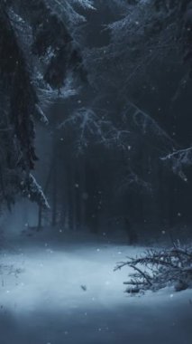Dikey Mavi Kış Ormanı Karlı Gece 4K Döngüsü, kar tanelerinin düştüğü ve hafif sislerin düşey oran döngüsünde estiği koyu karlı bir ormanı içerir..