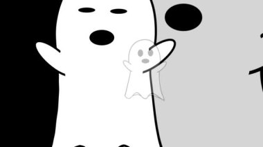 Siyah Arkaplan 4K döngüsünde Hayalet Geçidi beyaz vektör / çizgi film hayaletleri ellerini sallıyor ve bir döngü içinde izleyiciye doğru ilerleyen yüz ifadelerini değiştiriyor.