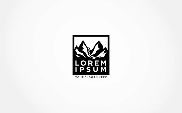 Nehirli dağ logosu. Ahır, çiftlik, vadi, ırk, şirket logosu tasarımı, minimalist çizgi tasarımlı tepe.