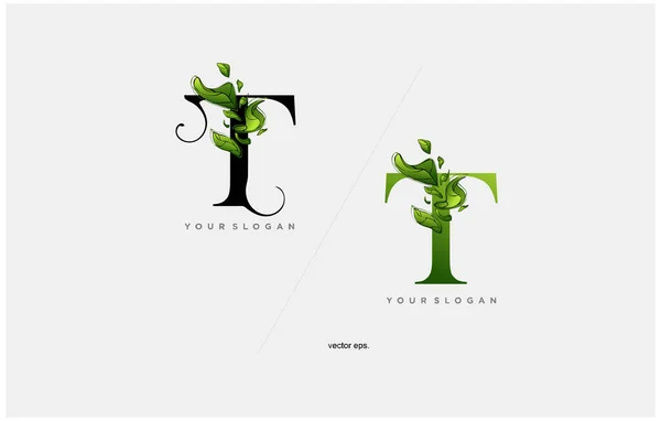 Yaprak Harfleri Logosu Yeşil Renkli Tasarımı. Yaprak elementli logo, yeşil yapraklı t harfi, Eco Bio Harf Tasarım Vektörü İllüstrasyonu.