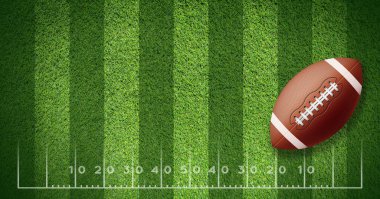 Amerikan futbol topu çimlerin üzerinde, 3 boyutlu illüstrasyon Superbowl Arka planı Koyu Yeşil