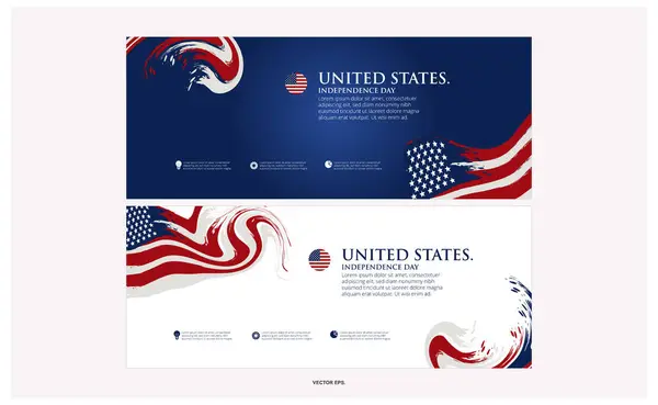 4 Temmuz Bağımsızlık Günü posteri, afiş, el ilanı, arka plan, şablon, selamlama, ABD bayrağı sallama kurdelesi, kiraz kuşu süslemesi ve arka planda Amerika 'nın ünlü simgeleri..