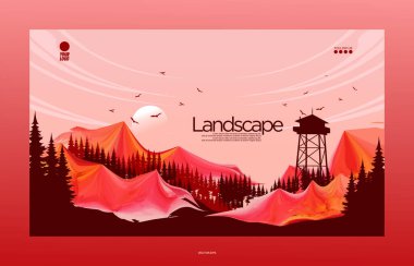 Vektör çizimi. Düz bir dağ manzarası seti. Doğal duvar kağıtları, Doğa. Manzaranın şirin bir çizimi, köy.