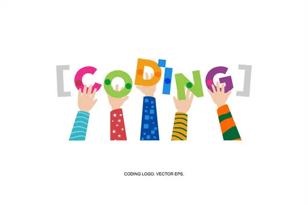 Çocuk kodlama logosu illüstrasyonu, logo kodlama vektörü renkli resimleme. Dijital kod logosu, kod ikonu, çocukların kodlaması. Kodlama. programcı logo vektörü