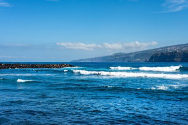 Tenerife 'de Puerto de la Cruz sahilinde sörf yapan gençler. Kanarya Adaları. İspanya. Güneşli bir günde