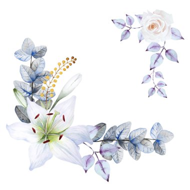 Two corner frame with white lilies, rose, grey and purple leaves and herbs, isolated on white background. Hand drawn watercolor illustration. Copy space. clipart