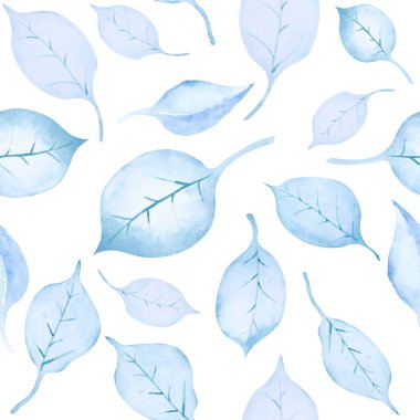 Beyaz arka planda soyut mavi yaprakların kusursuz deseni. El çizimi suluboya çizimi.