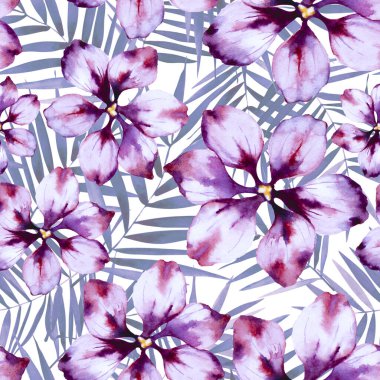 Beyaz arka planda egzotik palmiye yaprakları ve mor fantezi çiçekleri. Kusursuz tropikal çiçek deseni. Yaz tasarımı. El çizimi suluboya çizimi.
