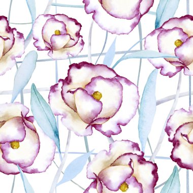 Fantezi beyaz-mor çiçeklerin kusursuz çiçek deseni ve beyaz arka planda mavi yapraklar. El çizimi suluboya çizimi.