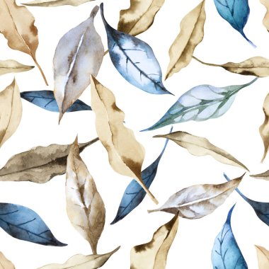 Beyaz arka planda mavi, bej ve kahverengi sonbahar yapraklarından oluşan kusursuz bir desen. El çizimi suluboya çizimi.