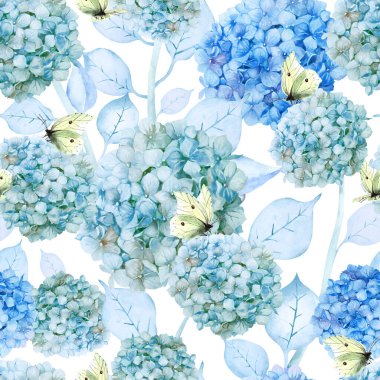 Kusursuz mavi ve yeşil ortanca çiçekleri ve beyaz arka planda sarı limon otu kelebekleri. Botanik geçmişi. El çizimi suluboya çizimi.