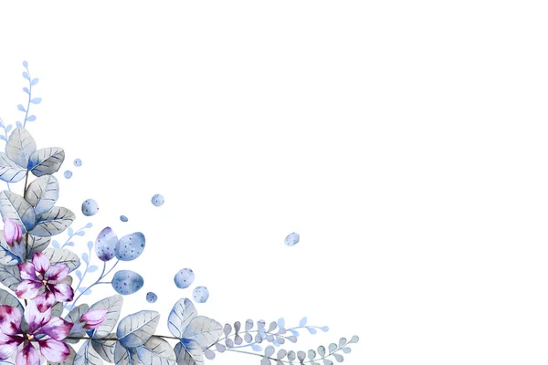 Fantezi Mor Çiçeklerin Köşesi Beyaz Arka Planda Mavi Yeşil Yapraklar — Stok fotoğraf