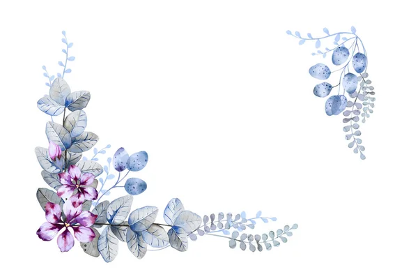 Köşeli Fantezi Mor Çiçekleri Mavi Gri Yapraklar Beyaz Arka Planda — Stok fotoğraf