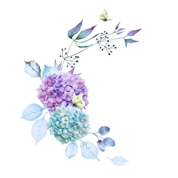 紫と青のアジサイの花 ハーブと白の背景に隔離された黄色のレモングラス蝶の美しい花束 丸い花のフレーム 手描き水彩画 — ストック写真