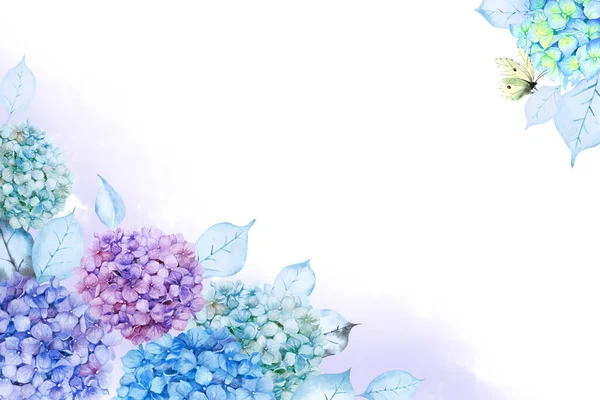 Two corner frame of beautiful purple, lilac, blue and green hydrangea flowers with lilac gradient fog and yellow lemongrass butterfly isolated on white background. Hand drawn watercolor illustration. Copy space.