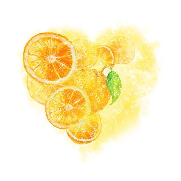Schöne Herzfigur Aus Reifen Saftigen Schnitten Und Ganzen Orangen Gelbem — Stockfoto