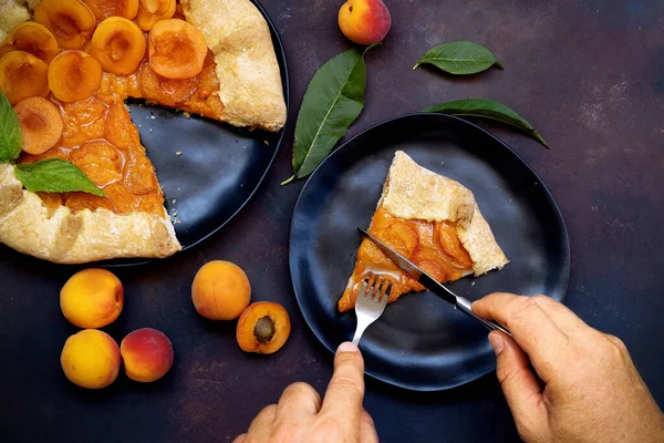 Man Cutting Piece Homemade French Galette Apricots Mint Traditional Biscuit — Stock Photo, Image