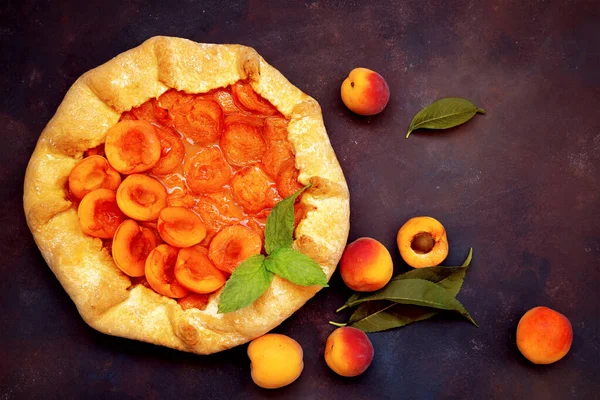 Delicious Homemade French Galette Apricots Mint Traditional Biscuit Black Plate — Stock Photo, Image