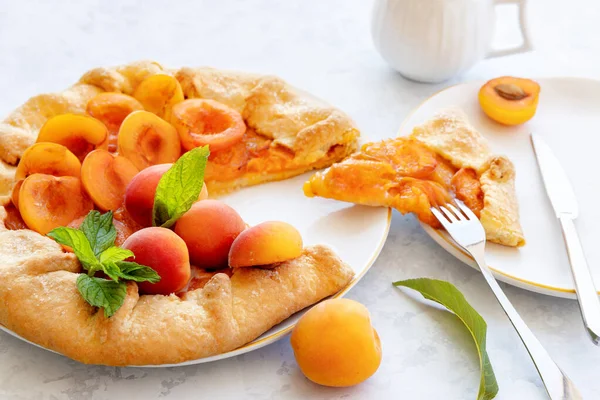 Close Traditional Handmade French Galette Apricots Mint Cut Piece White — Stock Photo, Image