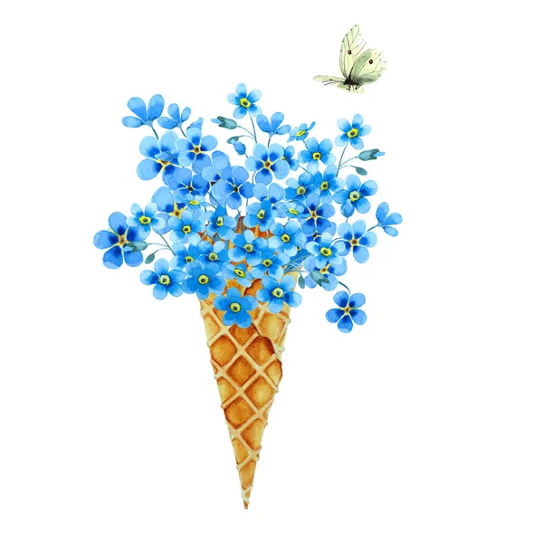 Bukiet Niebieskich Nie Zapomnij Mnie Kwiaty Stożek Gofrowy Latający Żółty — Zdjęcie stockowe
