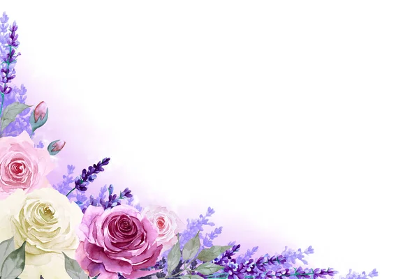 Corner frame of white, pink and purple roses and lavender flowers with lilac gradient fog isolated on white background. Hand drawn watercolor illustration. Copy space.