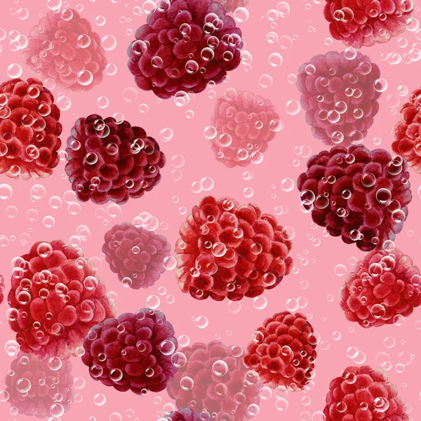 ピンクの背景に赤い熟したジューシーなラズベリーと小さな飛行石鹸泡のシームレスなパターン 手描き水彩画 — ストック写真
