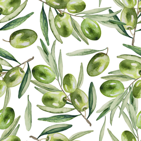 Seamless pattern of fresh green olives and leaves on white background. Hand drawn watercolor illustration.