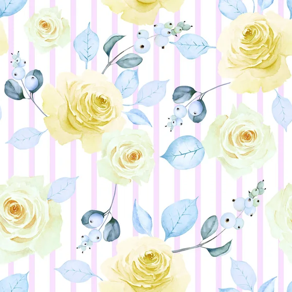 Seamless Pattern Delicate Yellow Roses Snowberry Branches Blue Leaves White — Stock Photo, Image