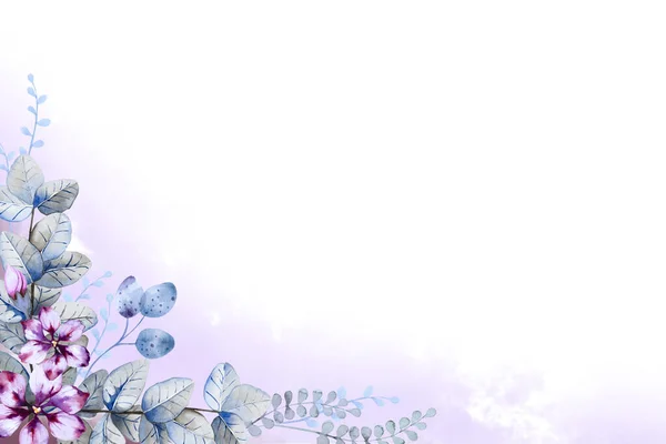 Narożna Ramka Fantazji Fioletowe Kwiaty Niebieskie Zielone Liście Zioła Liliową — Zdjęcie stockowe