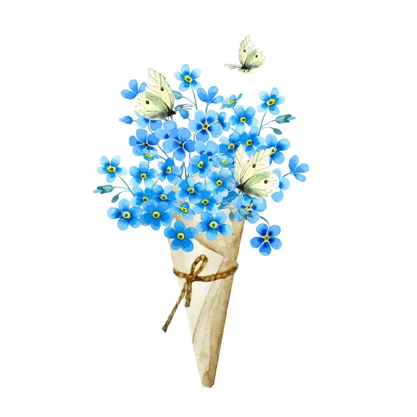 Bukiet Niebieskich Niezapomnianych Kwiatów Papierowym Kornecie Żółtych Motyli Cytrynowych Odizolowanych — Zdjęcie stockowe