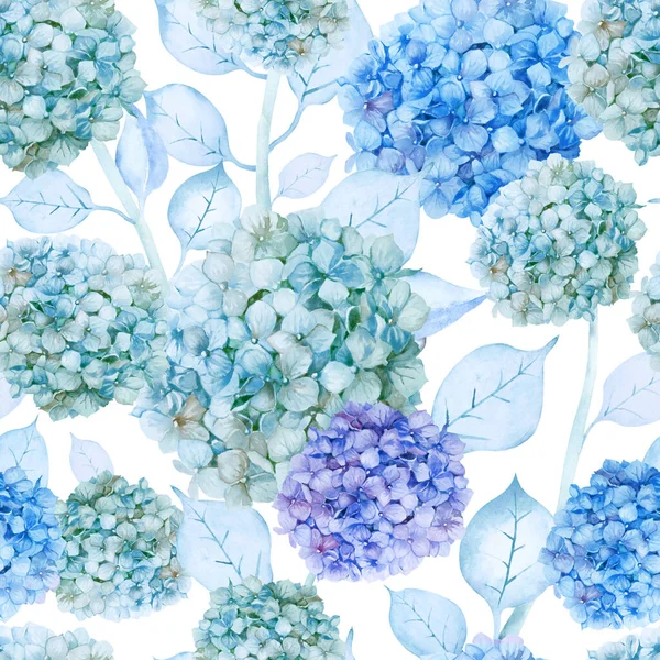 Płynny Kwiatowy Wzór Kolorowe Niebieskie Fioletowe Zielone Kwiaty Hortensji Liśćmi — Zdjęcie stockowe