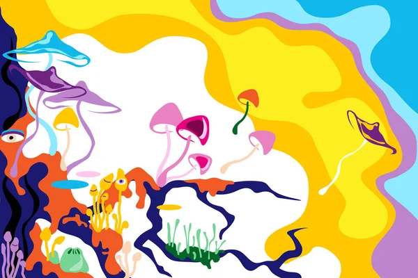 Cogumelos Coloridos Psicodélicos Fantasia Diferentes Com Olhos Fundo Multicolorido Ilustração —  Vetores de Stock