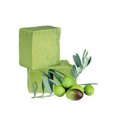Traditional natural handmade organic green olive soap. Olive soap bars, green olives and olive branch with leaves isolated on white background. Body care concept.