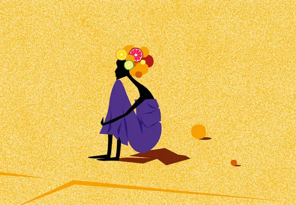 Çölde oturan Afrikalı kadın. Kum zemininde siyah bir siluet. Minimalist düz tasarım. Çizgi film tarzı. Vektör illüstrasyonu.