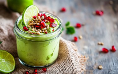 Avokadodan yapılan canlı yeşil bir tatlı, üzerinde nar tohumu ve çam fıstığı bulunan cam bir kavanozun içinde, çuval bezinde taze limon dilimleri ile servis edilir..