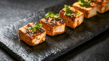 Tofu cubes are expertly grilled, displaying a rich brown color with seared edges. They are garnished with vibrant herbs and sesame seeds, arranged neatly on a dark plate. clipart