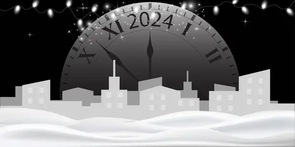 Kasabada saatli Noel ışıkları, karanlık arka planda şehir. Parlayan Noel çelenkleri. Saatçi saat 12 yerine 2024 yıl gösteriyor. Vektör çizimi. EPS 10