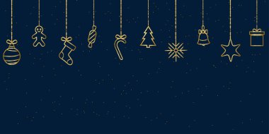 Kış tatili arka planında Noel süsleri asılı duruyor. Tebrik kartı için Noel arkaplanı. Yeni yıl ve Noel tebrik kartı. Mavi arka plan. Vektör illüstrasyonu